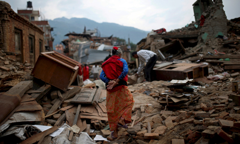 Debris of collapsed houses on the outskirts of Kathmandu
