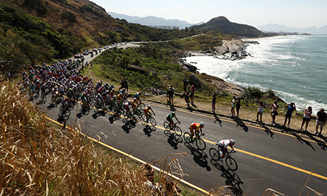 Olympic bicycle race at Grumari Beach in Rio de Janeiro